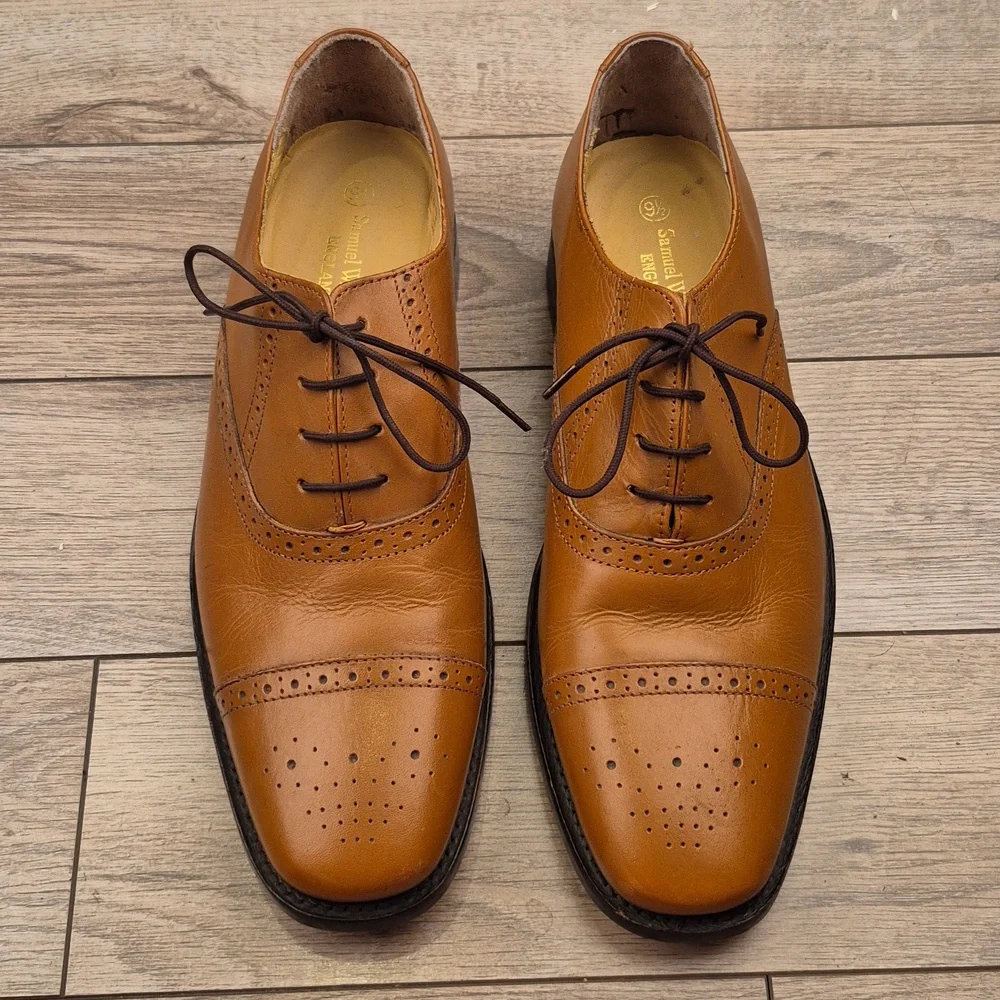 SAMUEL WINDSOR England Lace Up Cap Toe Tan Brown Leather Sz 9.5 Mens Dress Shoes
